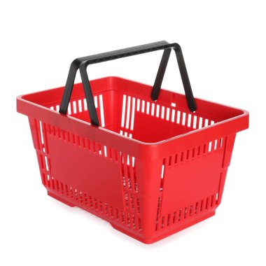 Beyaza izole edilmiş kırmızı bir alışveriş sepeti.