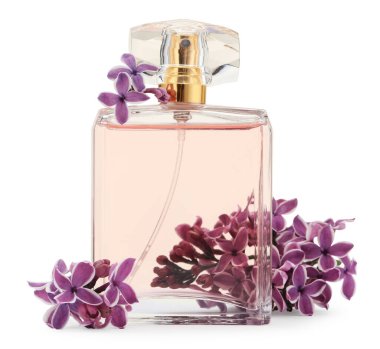 Bir şişe lüks parfüm ve beyaza ayrılmış leylak çiçekleri.