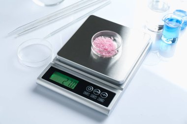 Beyaz arka planda Petri kabı ve diğer laboratuvar ekipmanları ile ölçeklendir, yakın plan