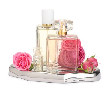 Birçok farklı parfüm şişeleri ve güller beyaz üzerine izole edilmiş.