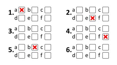 İşaretli kutular ve beyaz arkaplanda bazı işaretler içeren çevrimiçi test formu