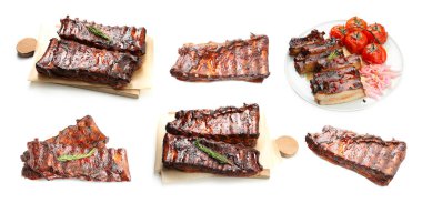 Beyaz arka planda nefis ızgara kaburgalar, kolaj.