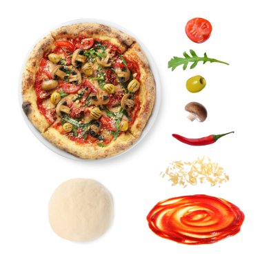 Lezzetli pizza ve beyaza izole edilmiş ham malzemeler, kolaj.