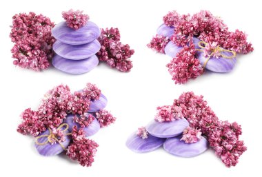 Sabun çubukları ve beyaza izole edilmiş aromatik leylak çiçekleri, kolaj
