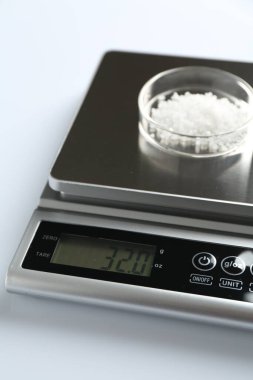 Beyaz arka planda Petri kabı ile laboratuvar ölçeği, yakın plan