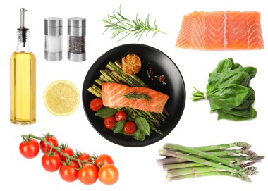 Beyaz arka planda somon ve diğer malzemelerle dolu tabak, kolaj