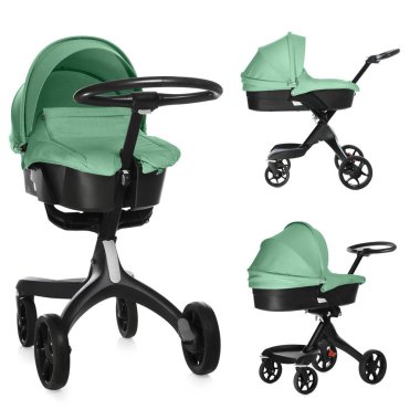 Bebek arabası. Aquamarine renkli bebek arabası beyaz, farklı taraflarda izole edilmiş.