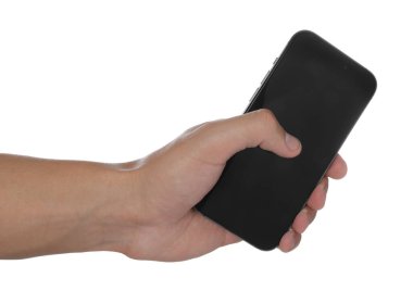 Beyaz arka planda modern akıllı telefonu olan adam, yakın plan. Tasarım için model