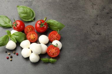Mozzarella peyniri, domates, fesleğen ve biberler gri masada. Metin için boşluk
