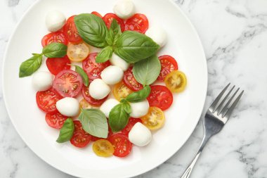 Beyaz mermer masada servis edilen mozarella, domates ve fesleğenli lezzetli salata.