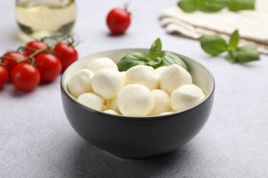 Lezzetli mozzarella peynir topları, domates ve fesleğen açık gri masada, yakın plan.