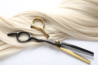 Beyaz zemin üzerinde saç kilidi ve makas, üst görünüm