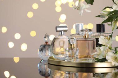 Ayna yüzeyindeki birçok farklı parfüm şişeleri ve çiçekler açık gri arka planda bulanık ışıklara karşı, yakın plan. Metin için boşluk