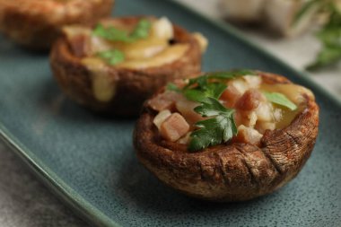 Eritilmiş peynirli ve maydanozlu lezzetli mantarlar. Gri desenli masa, yakın plan.