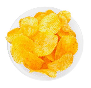 Kabın içindeki lezzetli cipsler beyaza izole edilmiş, üst manzara.