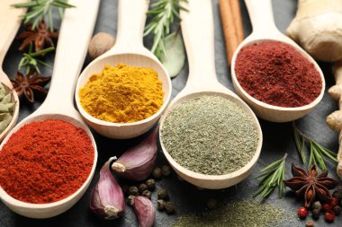 Siyah masada kaşıklardaki farklı aromatik baharatlar, yakın plan.