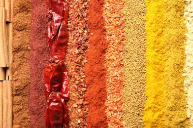 Arka plan olarak birçok farklı baharat, üst görünüm