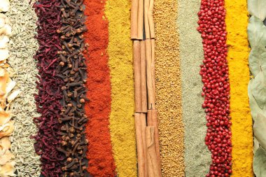 Arka plan olarak birçok farklı baharat, üst görünüm