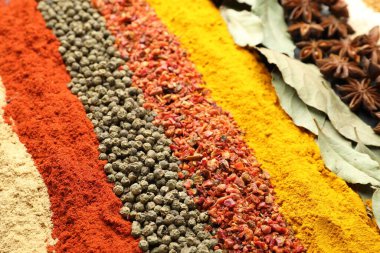 Arka plan olarak çok farklı aromatik baharatlar, yakın plan