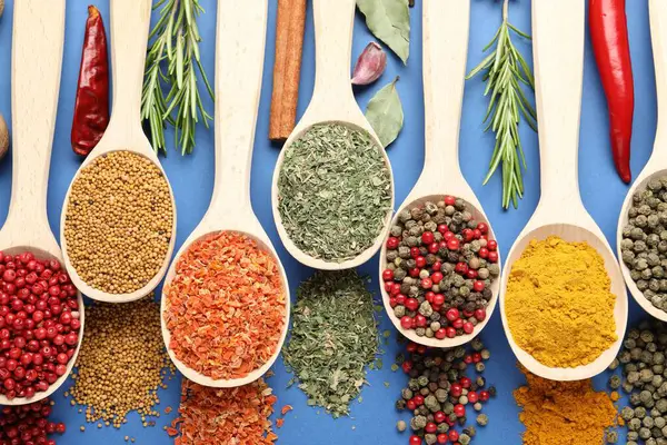 Mavi arka planda kaşıklardaki farklı aromatik baharatlar.