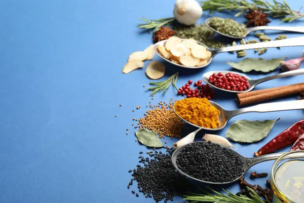 Mavi arka planda farklı aromatik baharatlar, yakın plan. Metin için boşluk
