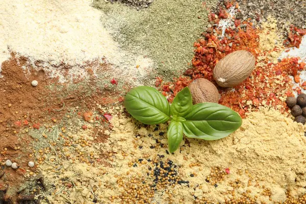 Arka plan olarak birçok farklı baharat, üst görünüm