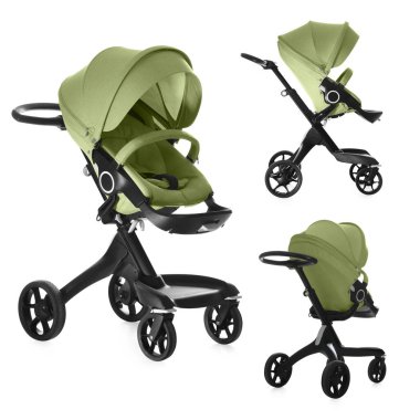 Bebek arabası. Zeytin rengi tenteli modern bebek arabası beyaz, farklı taraflarda izole edilmiş.