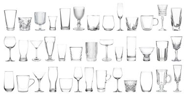 Beyaz arkaplanda farklı boş cam eşyalar, kolaj