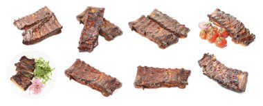 Beyaz arka planda nefis ızgara kaburgalar, kolaj.