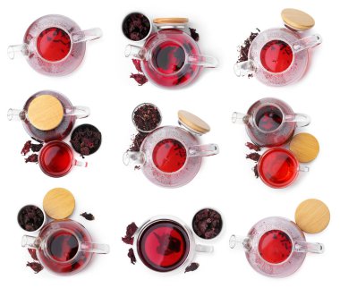 Hibiscus çayı ve kurutulmuş calyces beyaz, set, üst manzara izole