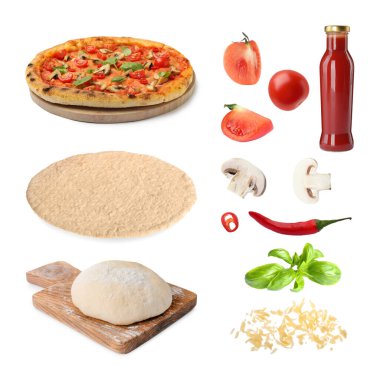 Lezzetli pizza ve beyaza izole edilmiş ham malzemeler, kolaj.