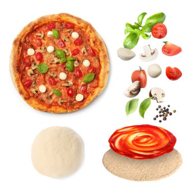 Lezzetli pizza ve beyaza izole edilmiş ham malzemeler, kolaj.