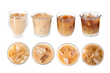 Farklı bardaklarda buzlu kahve içecekler, beyaz, set. Üst ve yan görünüm