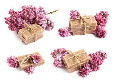 Sabun çubukları ve beyaza izole edilmiş aromatik leylak çiçekleri, kolaj