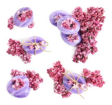 Sabun çubukları ve beyaza izole edilmiş aromatik leylak çiçekleri, kolaj. Üst görünüm