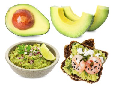 Taze avokado, guacamole ve sandviç beyaz üzerine izole edilmiş, kolaj.