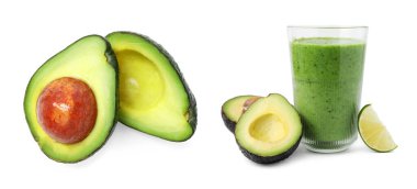 Taze avokado ve buzlu cam beyaz üzerine izole edilmiş kolaj.