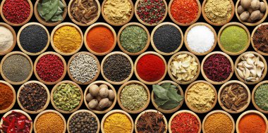 Siyah arka plandaki kaselerde farklı aromatik baharatlar seti. Pankart tasarımı