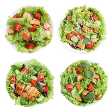 Beyaz arka planda eti olan lezzetli taze salatalar, set. Üst görünüm