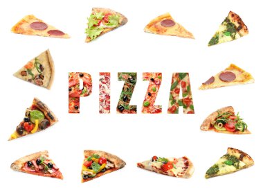 Farklı lezzetli pizzaların parçaları ve beyaz arka planda kelimeler.