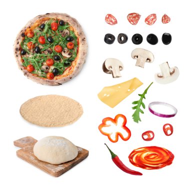 Lezzetli pizza ve beyaza izole edilmiş ham malzemeler, kolaj.