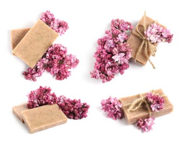 Sabun çubukları ve beyaza izole edilmiş aromatik leylak çiçekleri, kolaj. Üst ve yan görünüm