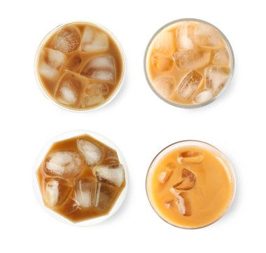 Farklı bardaklarda buzlu kahve, beyaz sette izole edilmiş. Üst görünüm