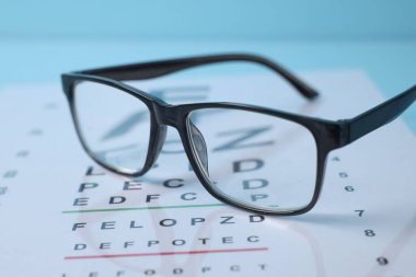 Açık mavi arkaplanda gözlük ve görüş testi grafiği, yakın plan