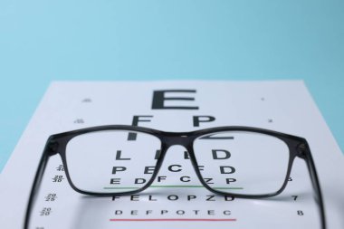 Açık mavi arkaplanda gözlük ve görüş testi grafiği, yakın plan