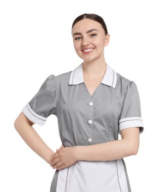 Beyaz arka planda mutlu oda hizmetçisinin portresi