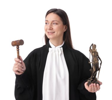 Beyaz arka planda Adalet Anıtı figürü ve tokmakla yargılamak