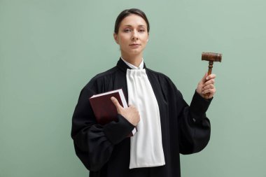 Açık yeşil arkaplan üzerine kitap ve çekiçle yargıç