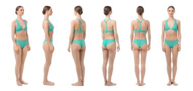 Beyaz arka planda turkuaz iç çamaşırlı genç bir kadın, kolaj. Farklı taraflardan görünüm