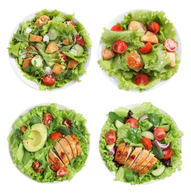 Beyaz arka planda eti olan lezzetli taze salatalar, set. Üst görünüm